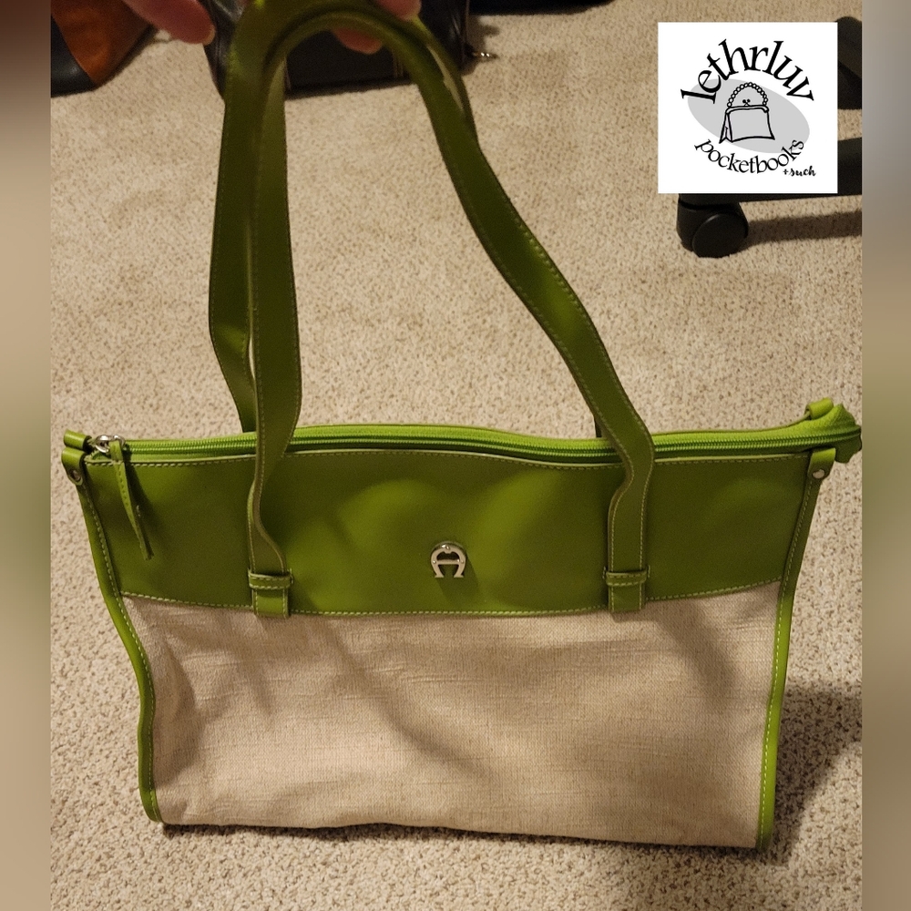 Etienne Aigner Natural Canvas and PU Tote - Lime